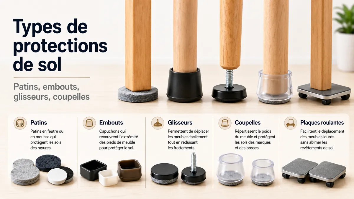 Différents types de protections de sol pour meubles, dont des patins, embouts, glisseurs, coupelles et plaques de déplacement.
