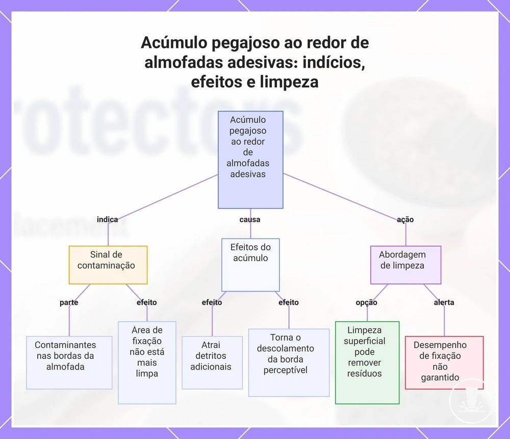 Acúmulo pegajoso ao redor de almofadas adesivas: indícios, efeitos e limpeza