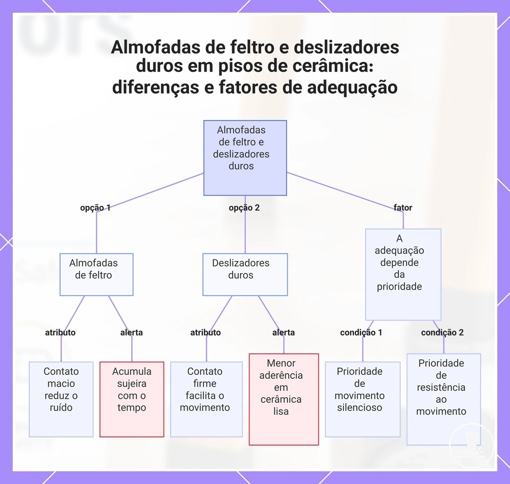 Almofadas de feltro e deslizadores duros em pisos de cerâmica: diferenças e fatores de adequação