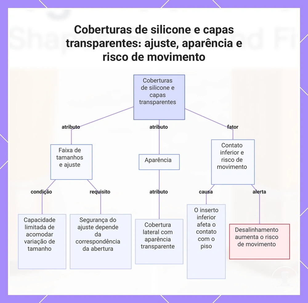Coberturas de silicone e capas transparentes: ajuste, aparência e risco de movimento