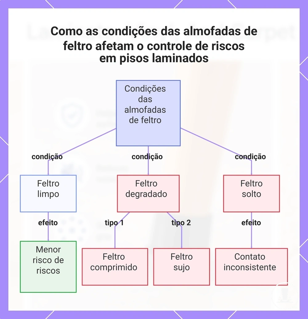Como as condições das almofadas de feltro afetam o controle de riscos em pisos laminados