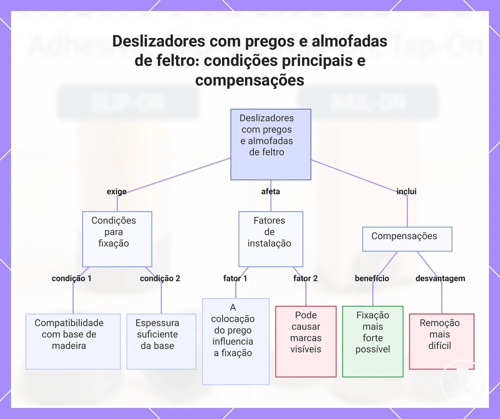 Deslizadores com pregos e almofadas de feltro: condições principais e compensações
