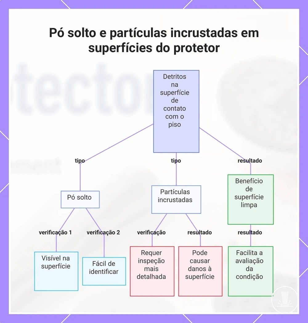Pó solto e partículas incrustadas em superfícies do protetor