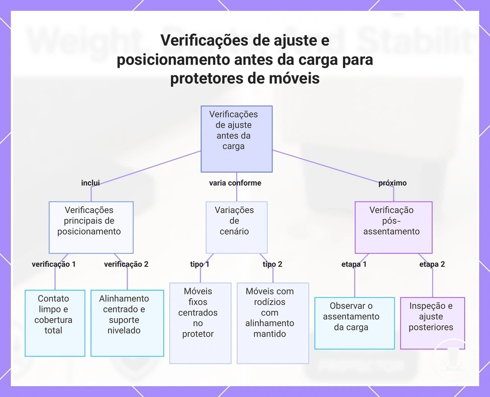 Verificações de ajuste e posicionamento antes da carga para protetores de móveis