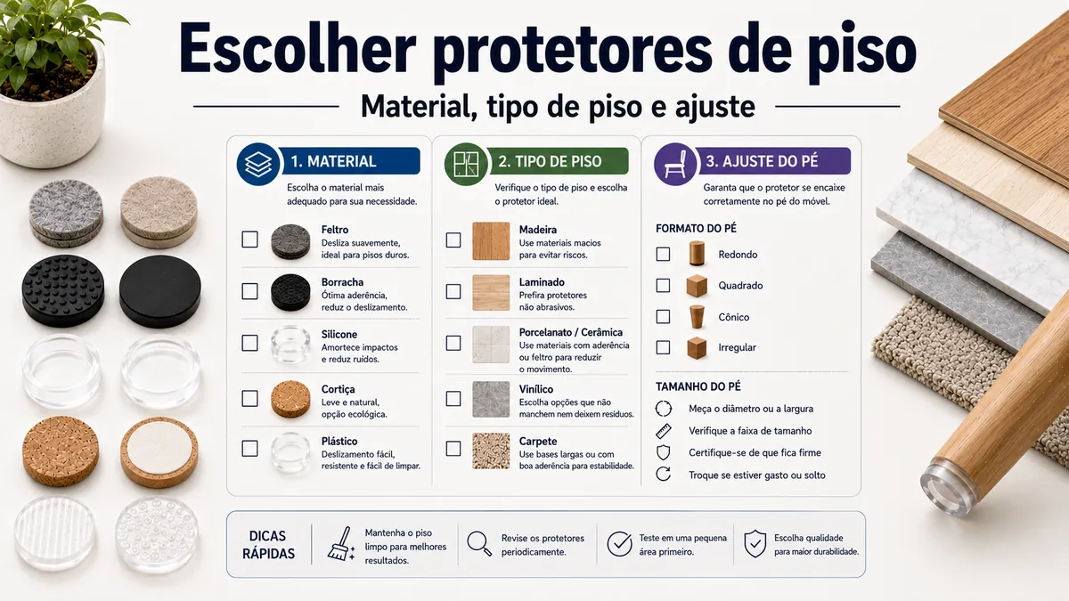 Lista de seleção para escolher protetores de piso para móveis por material, tipo de piso e ajuste do pé.