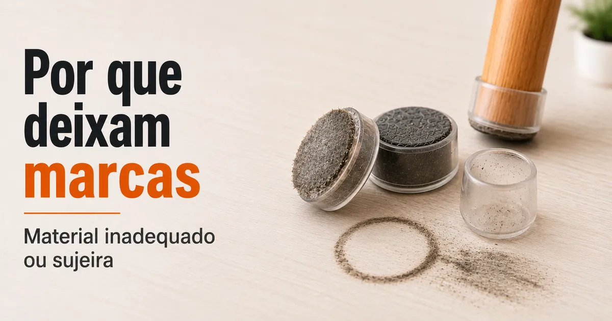 Protetores de piso para móveis e marcas visíveis causadas por material inadequado ou acúmulo de sujeira.