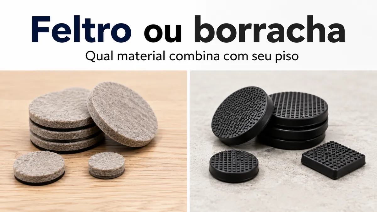 Protetores de piso de feltro e borracha para móveis mostrados lado a lado para comparação de material.
