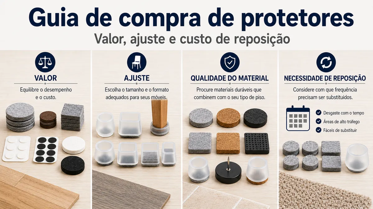 Protetores de piso para móveis organizados por valor, ajuste, qualidade do material e necessidade de reposição.