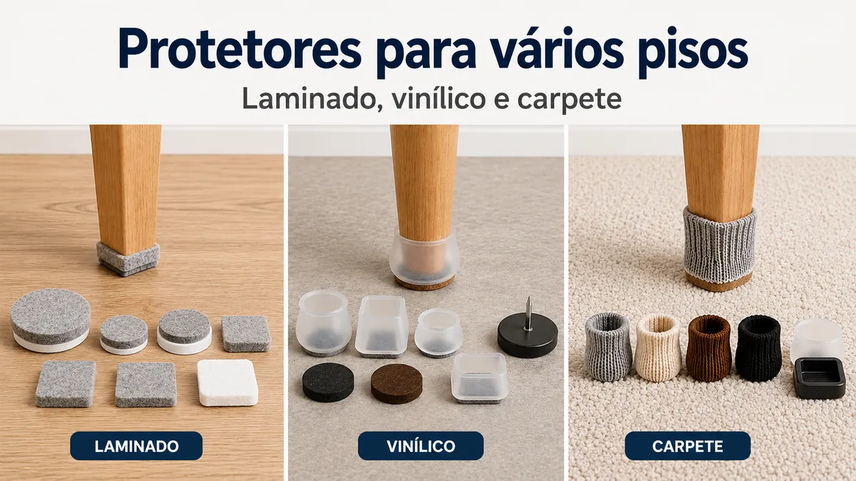 Protetores de piso para móveis mostrados sobre superfícies laminadas, vinílicas e carpetes.