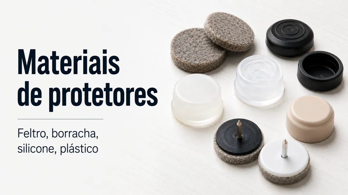 Detalhe de protetores de piso para móveis feitos de feltro, borracha, silicone, plástico e modelos deslizadores.