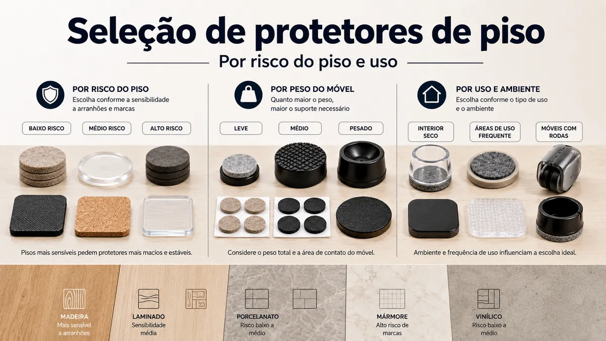 Opções de protetores de piso para móveis agrupadas por risco do piso, peso do móvel e uso.