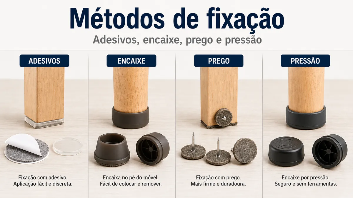 Protetores de piso para móveis adesivos, de encaixe, com prego e de pressão mostrados por método de fixação.
