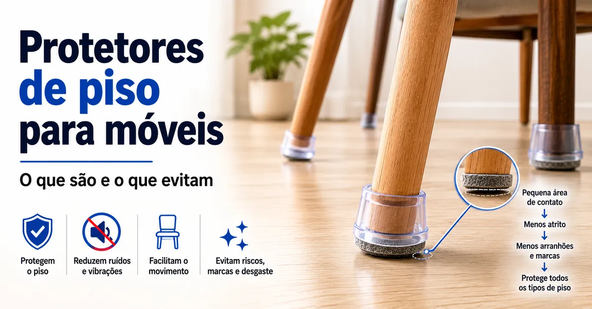 Protetores de piso colocados sob pés de cadeiras e mesas para reduzir o contato direto com o piso.