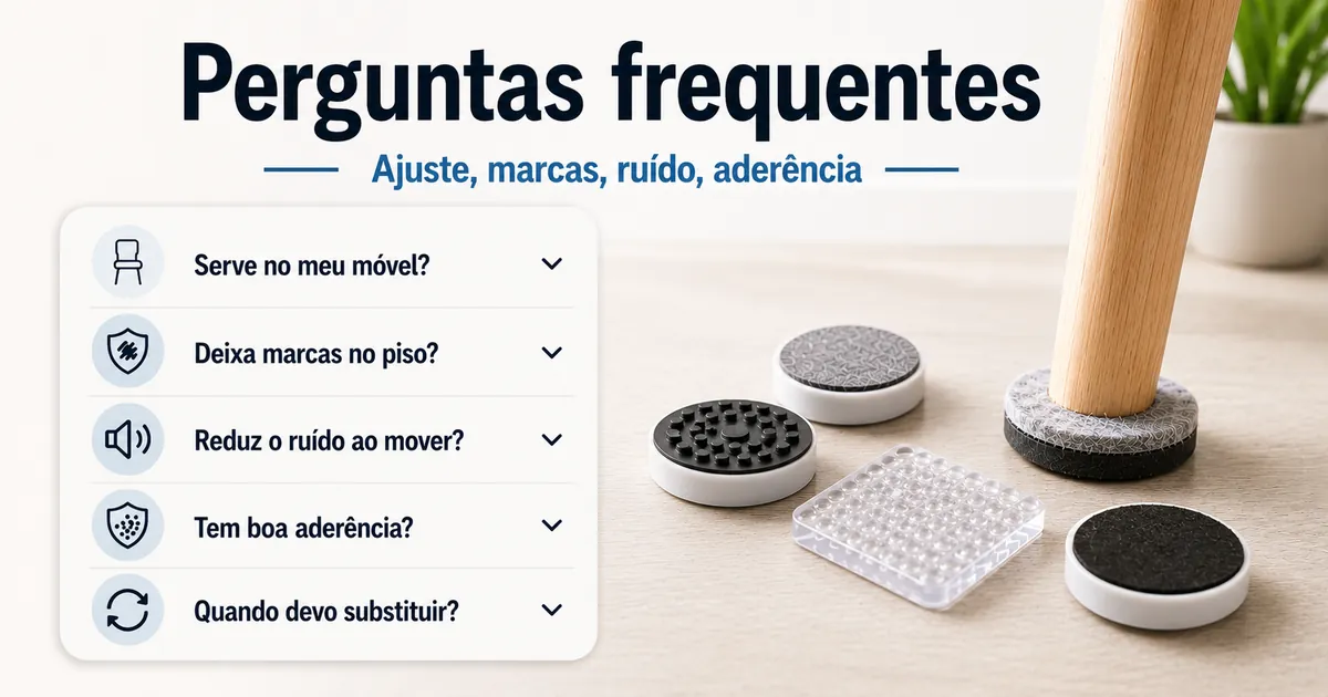 Perguntas sobre protetores de piso para móveis relacionadas a ajuste, marcas, ruído, aderência e reposição.