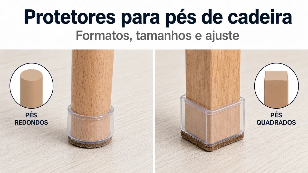 Protetores de piso para pés de cadeira ajustados a pés redondos e quadrados.