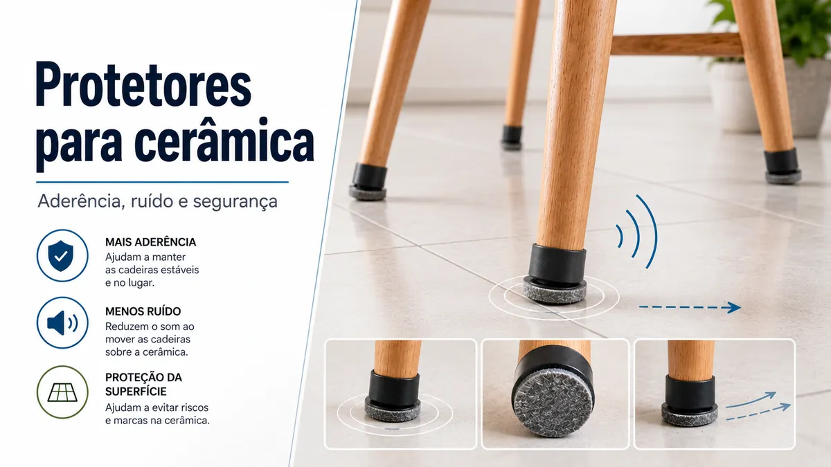 Protetores de piso sob pés de cadeira em piso cerâmico, com foco em aderência e redução de ruído.
