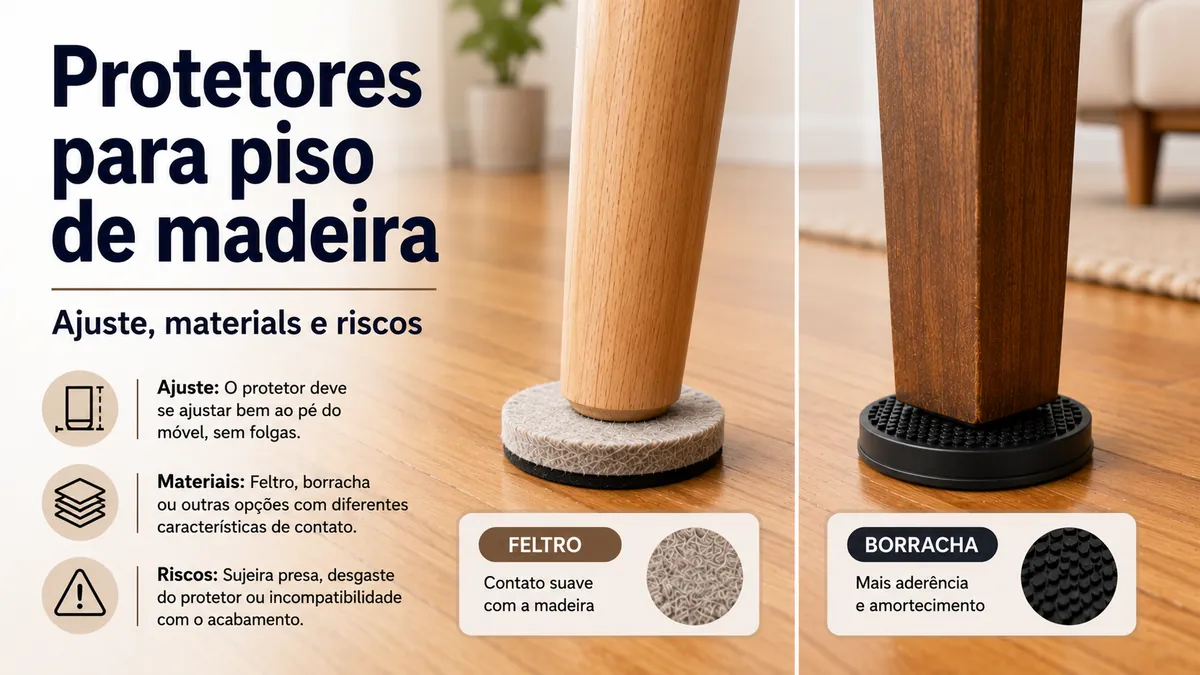 Protetores de piso para móveis instalados sob pés de móveis sobre uma superfície de madeira.