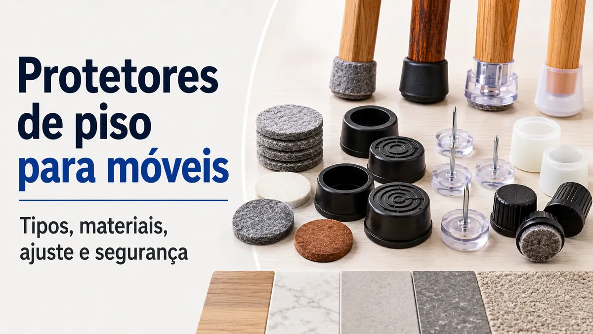 Vários protetores de piso para móveis com feltros, capas, deslizadores e materiais de contato.