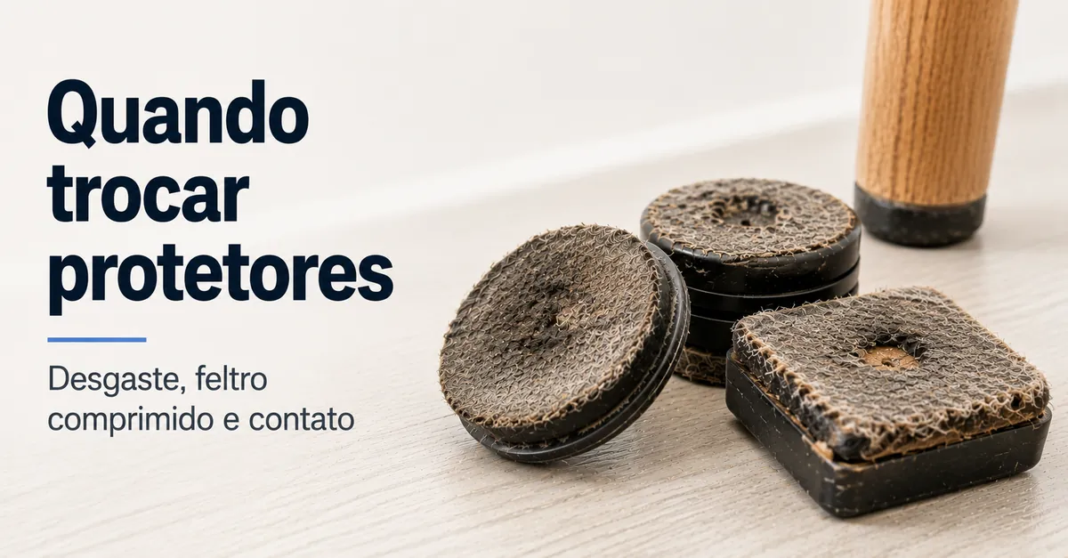 Protetores de piso para móveis desgastados, com feltro comprimido e superfícies de contato danificadas.