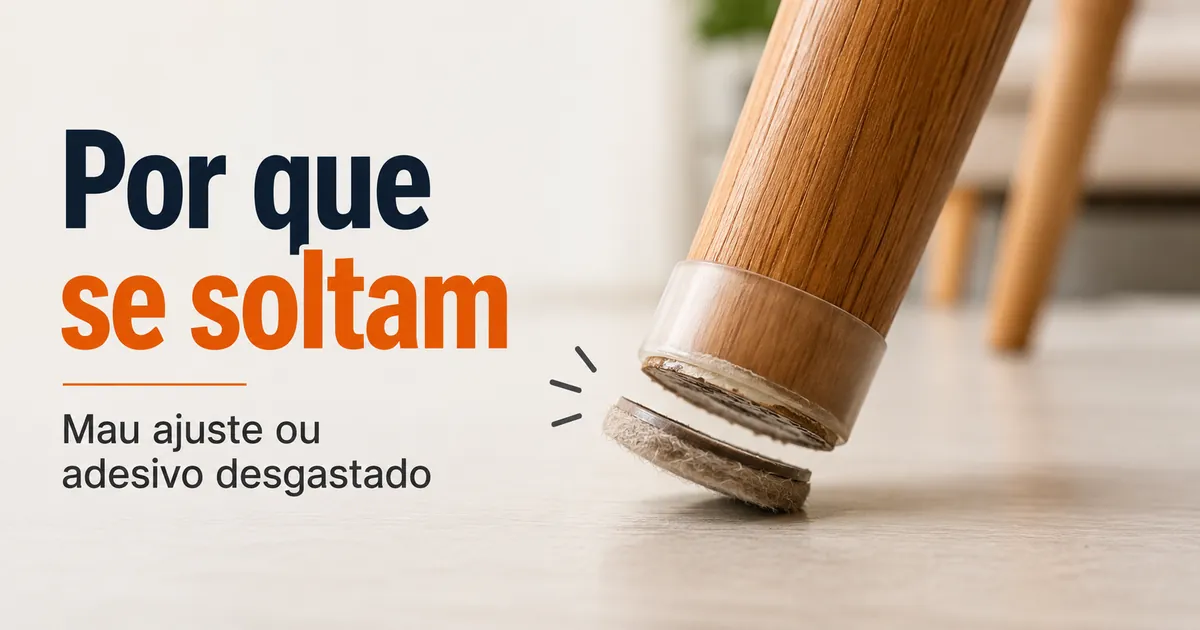 Protetor de piso solto saindo do pé de uma cadeira por mau ajuste ou adesivo desgastado.