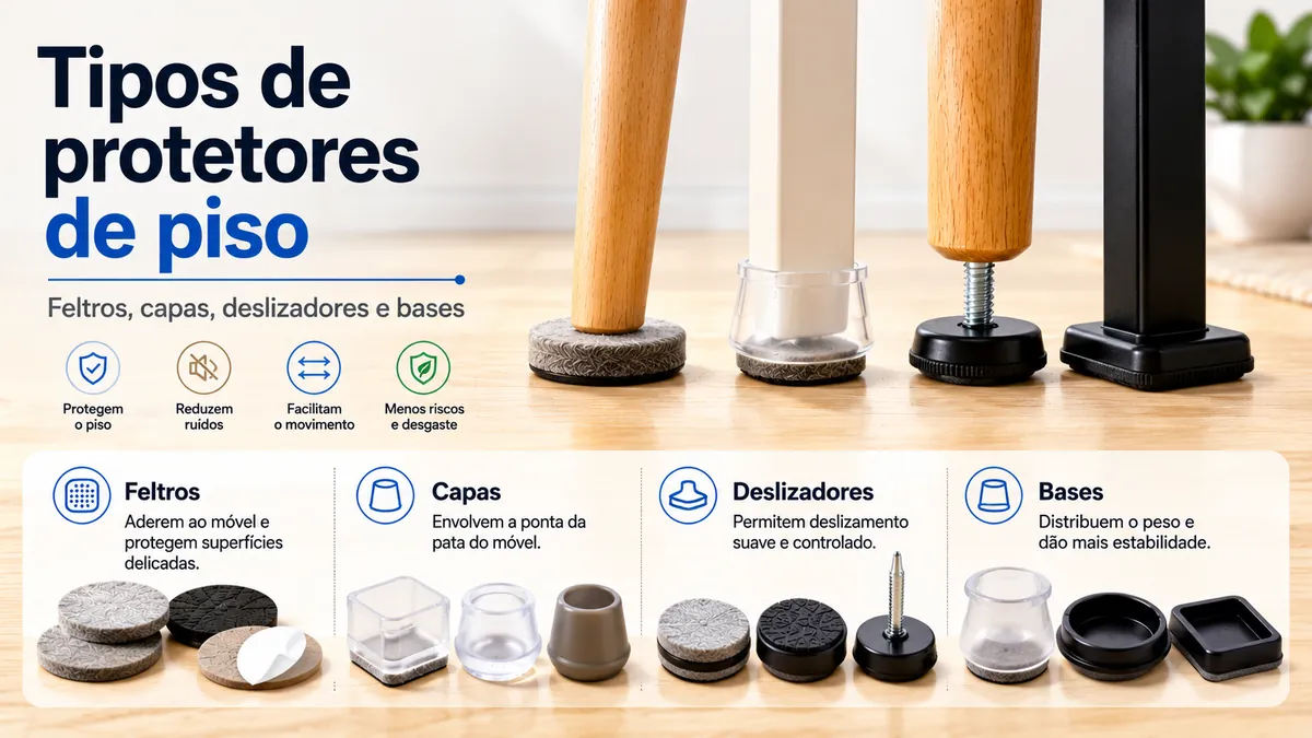 Diferentes tipos de protetores de piso para móveis, incluindo feltros, capas, deslizadores e bases.