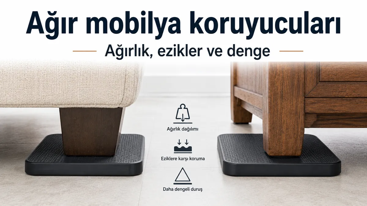 Ezilmeleri azaltmak ve dengeyi artırmak için geniş mobilya ayaklarının altına yerleştirilen ağır mobilya zemin koruyucuları.