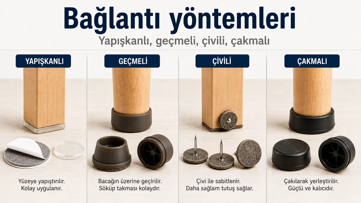Yapışkanlı, geçmeli, çivili ve çakmalı mobilya zemin koruyucuları bağlantı yöntemlerine göre gösteriliyor.