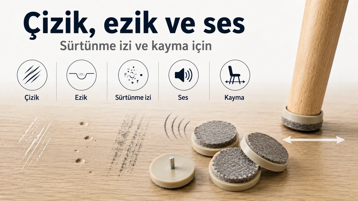 Zeminde çizik, ezik, sürtünme izi, ses ve kaymayı azaltmak için kullanılan mobilya zemin koruyucuları.