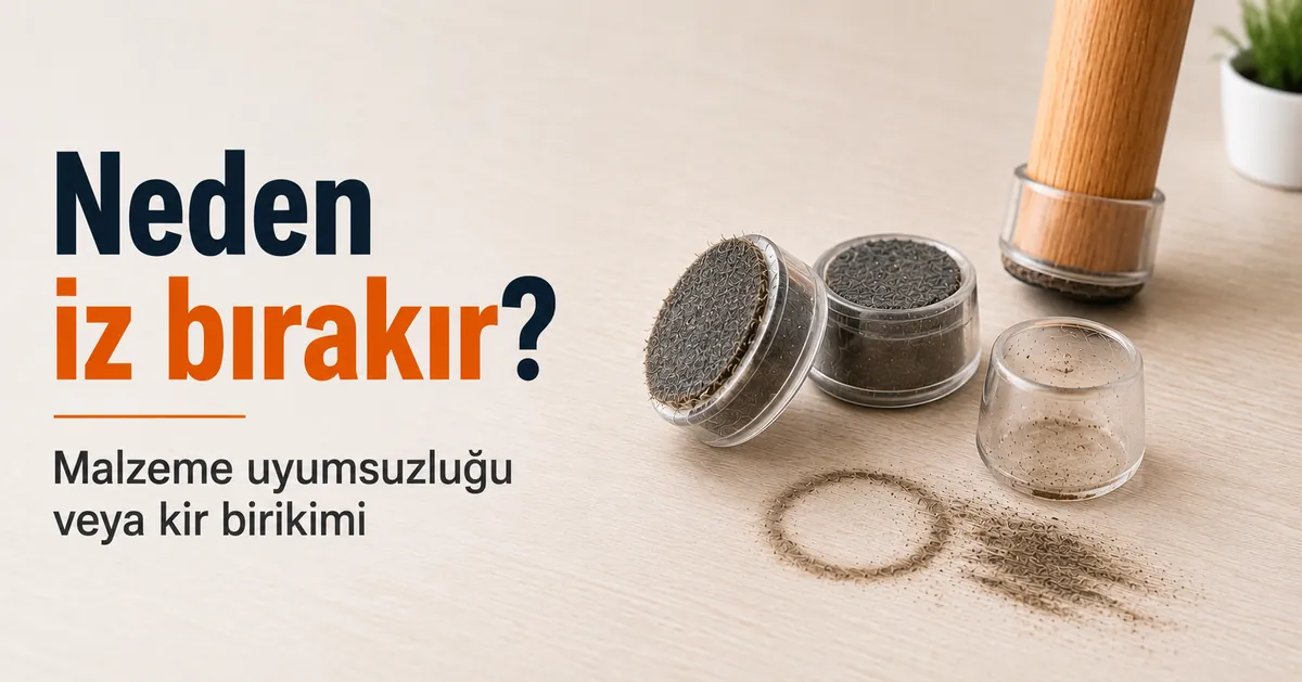 Malzeme uyumsuzluğu veya kir birikimi nedeniyle zeminde görünen izler ve mobilya zemin koruyucuları.