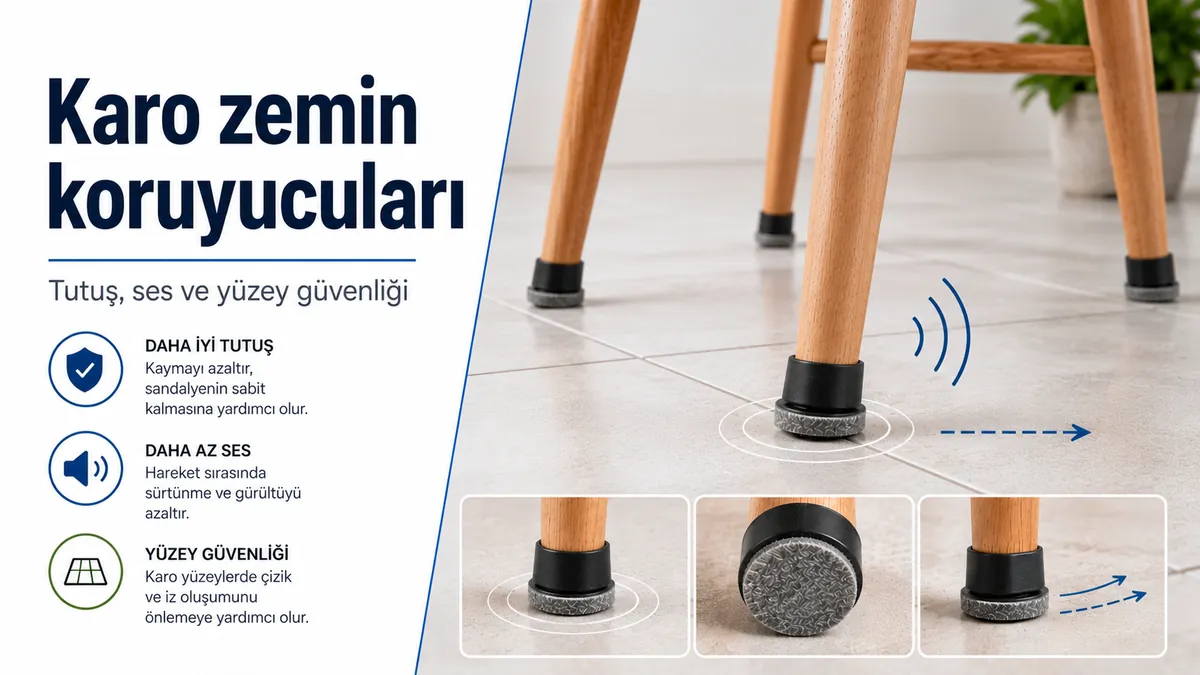 Karo zeminde sandalye ayaklarının altındaki mobilya zemin koruyucuları; tutuş ve ses azaltma odaklı görünüm.
