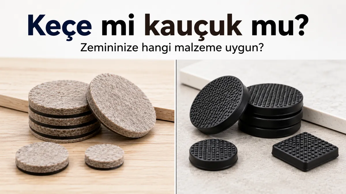 Malzeme karşılaştırması için yan yana gösterilen keçe ve kauçuk mobilya zemin koruyucuları.