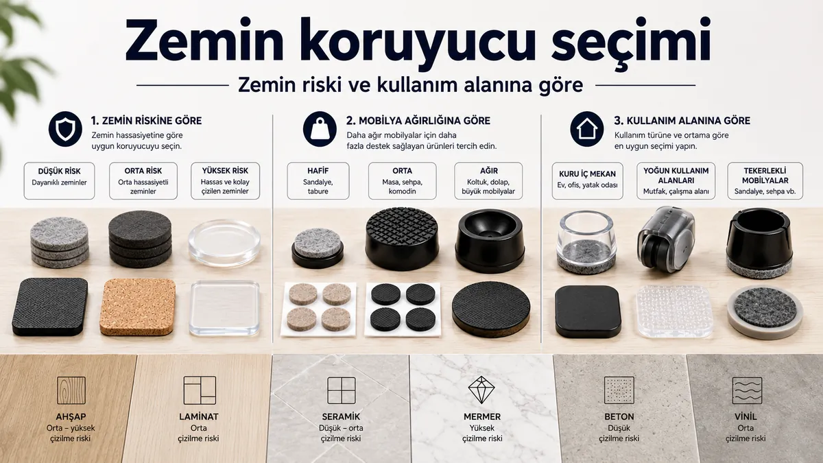 Mobilya zemin koruyucu seçenekleri zemin riski, mobilya ağırlığı ve kullanım alanına göre gruplandırılmış.