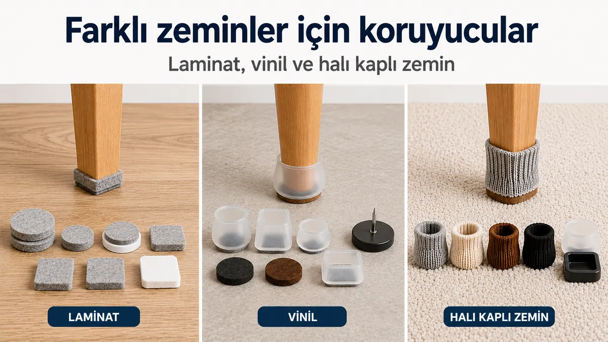 Laminat, vinil ve halı kaplı zemin yüzeylerinde gösterilen mobilya zemin koruyucuları.