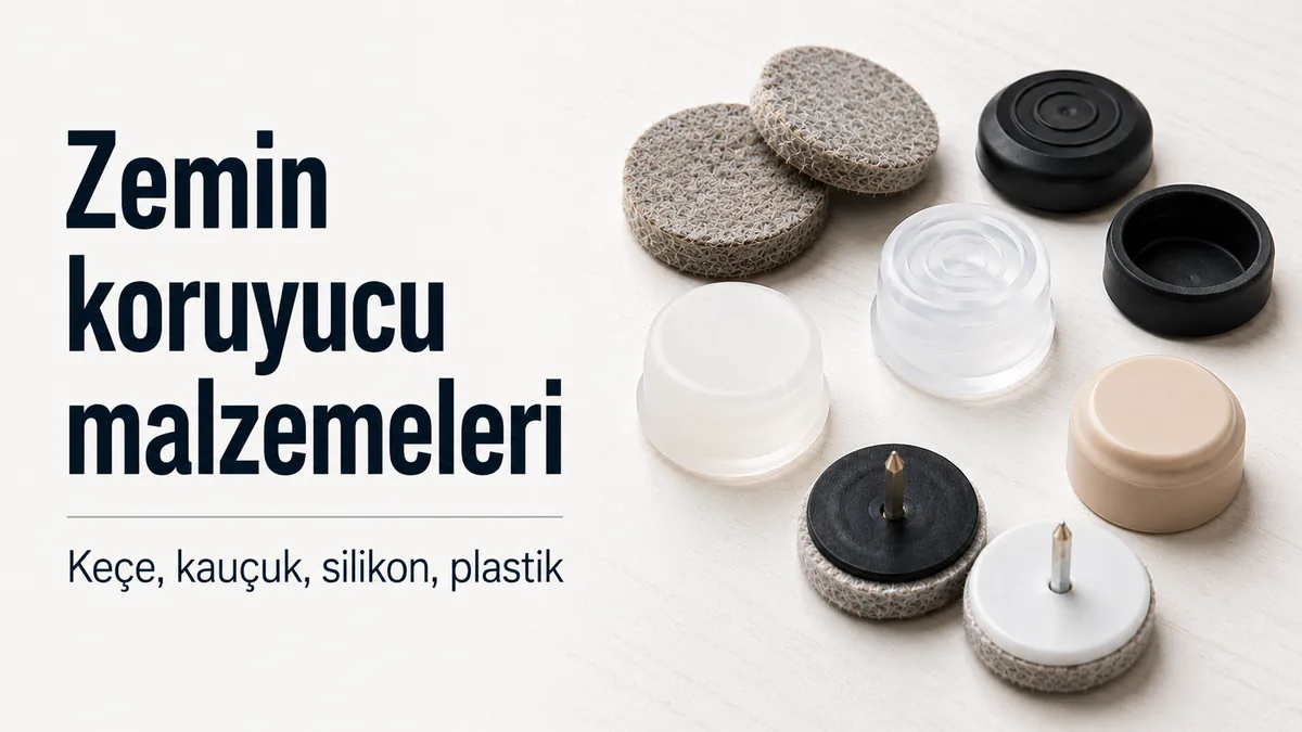 Keçe, kauçuk, silikon, plastik ve kızak tipi mobilya zemin koruyucularının yakın görünümü.