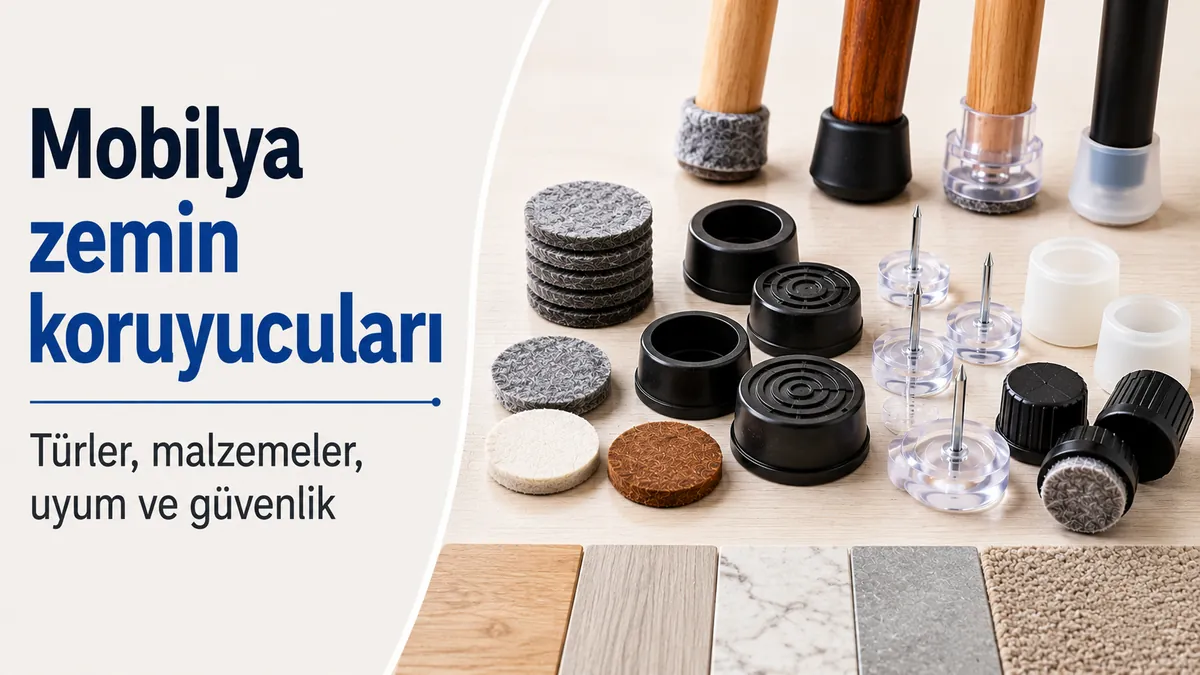 Ped, kapak, kızak ve zeminle temas eden malzemelerden oluşan mobilya zemin koruyucuları.