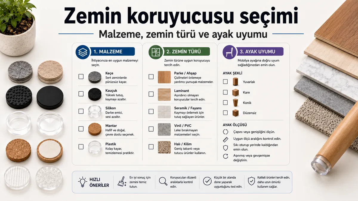 Mobilya zemin koruyucusu seçimi için malzeme, zemin türü ve ayak uyumuna göre kontrol listesi.