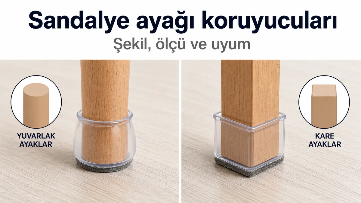 Yuvarlak ve kare mobilya ayaklarına takılmış sandalye ayağı zemin koruyucuları.