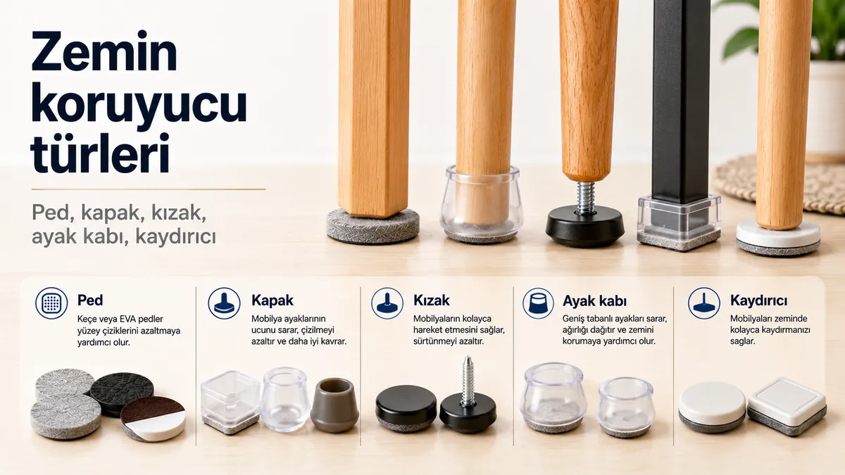Ped, kapak, kızak, ayak kabı ve kaydırıcı dahil farklı mobilya zemin koruyucu türleri.