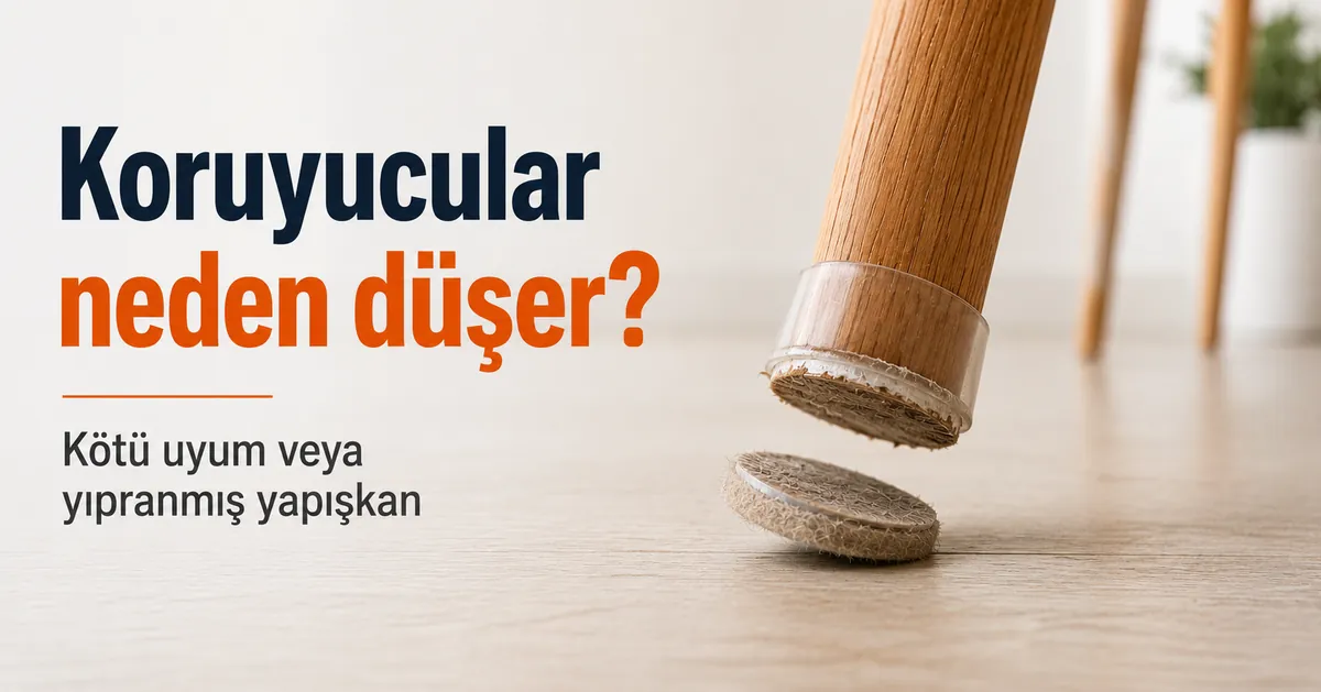 Kötü uyum veya yıpranmış yapışkan nedeniyle sandalye ayağından çıkan gevşek zemin koruyucu.
